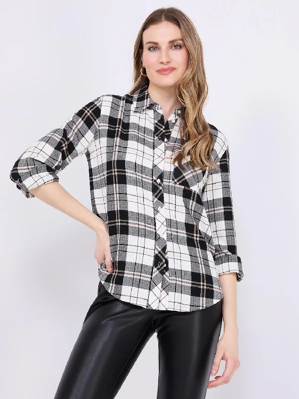 Textured Plaid Button-Front Blouse