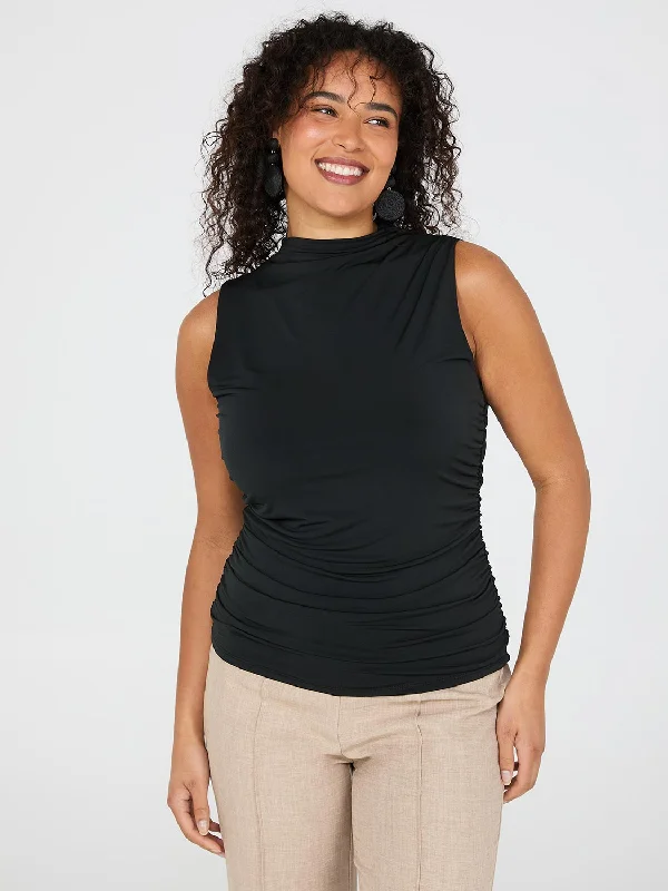 Sleeveless Mock Neck Top With Ruched Details