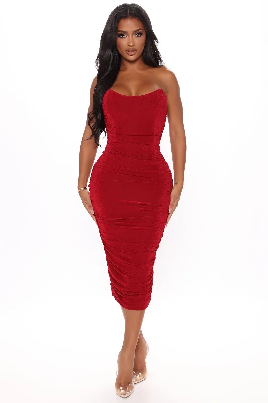 All Ruched And Ready Midi Dress - Wine