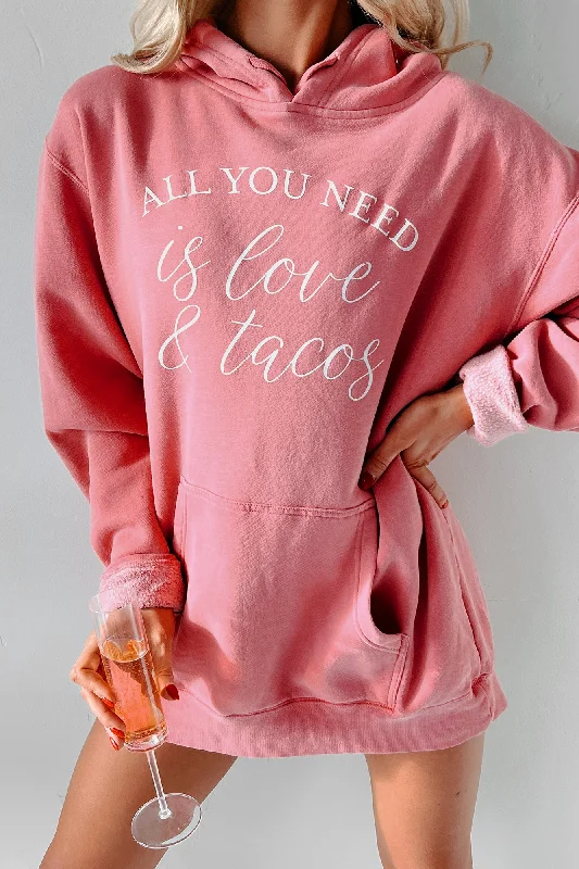 ""All You Need Is Love & Tacos"" Vintage Wash Graphic Hoodie (Pink) - Print On Demand