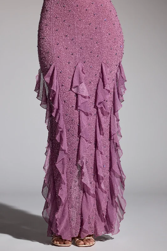 Embellished Halter Neck Ruffle Maxi Dress in Grape