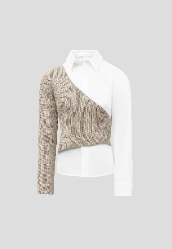 Asymmetric Knitted Overlay Shirt - White/Beige