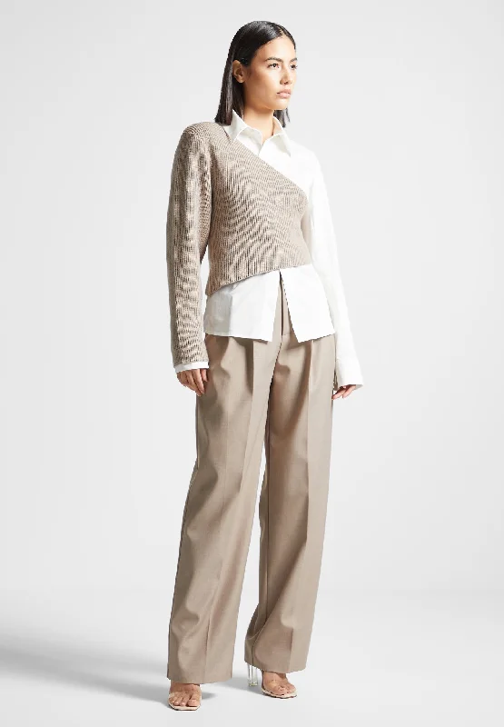 Asymmetric Knitted Overlay Shirt - White/Beige