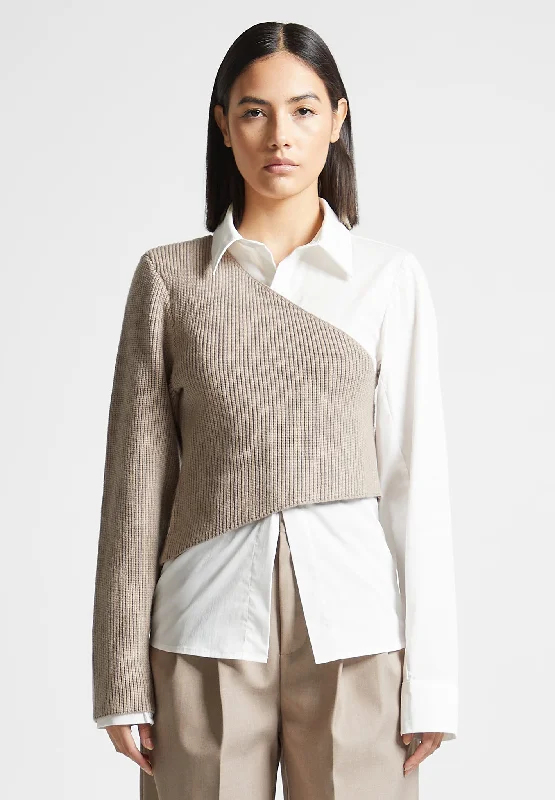 Asymmetric Knitted Overlay Shirt - White/Beige