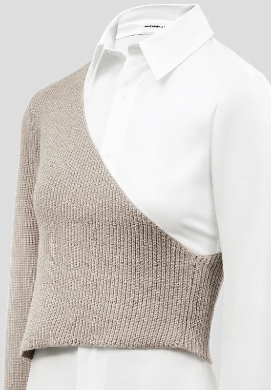 Asymmetric Knitted Overlay Shirt - White/Beige