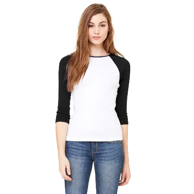 Bella + Canvas Women's White/Black Stretch Rib 3/4-Sleeve Contrast Raglan T-Shirt