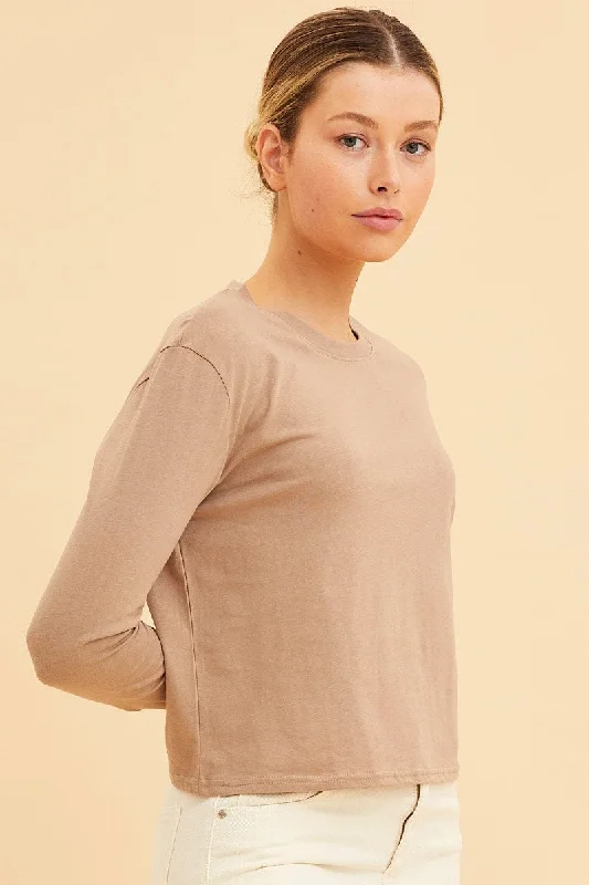 Beige Cropped T-Shirt Long Sleeve Crew Neck Cotton