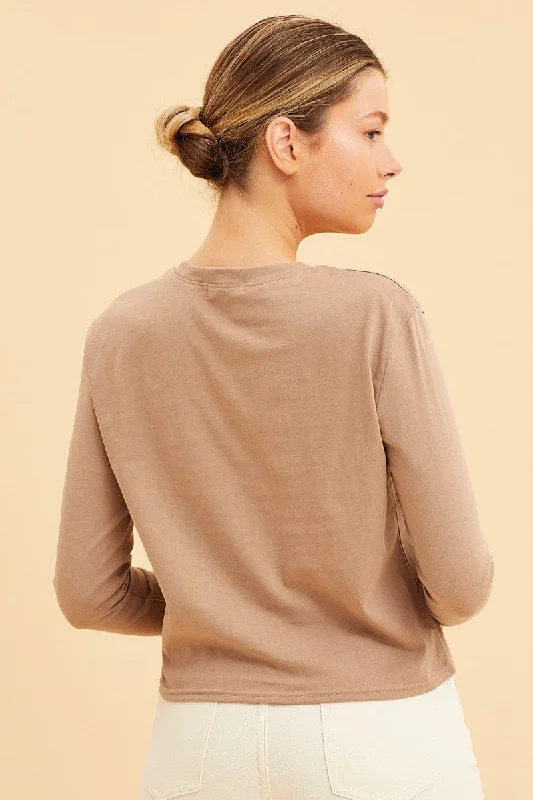 Beige Cropped T-Shirt Long Sleeve Crew Neck Cotton