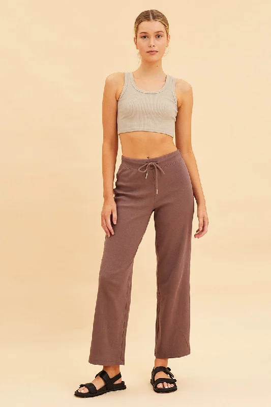 Beige Cropped Tank Cotton Blend Rib Racer Back