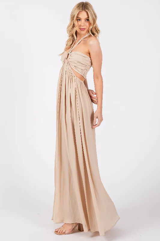 Beige Halter Cutout Maxi Dress