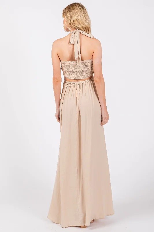 Beige Halter Cutout Maxi Dress