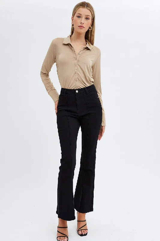 Beige Long Sleeve Shirt Collared Side Ruched