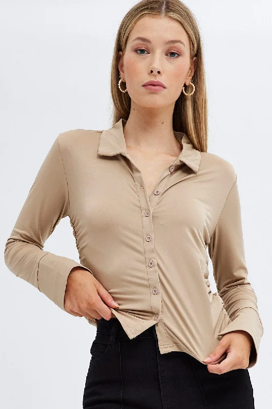 Beige Long Sleeve Shirt Collared Side Ruched