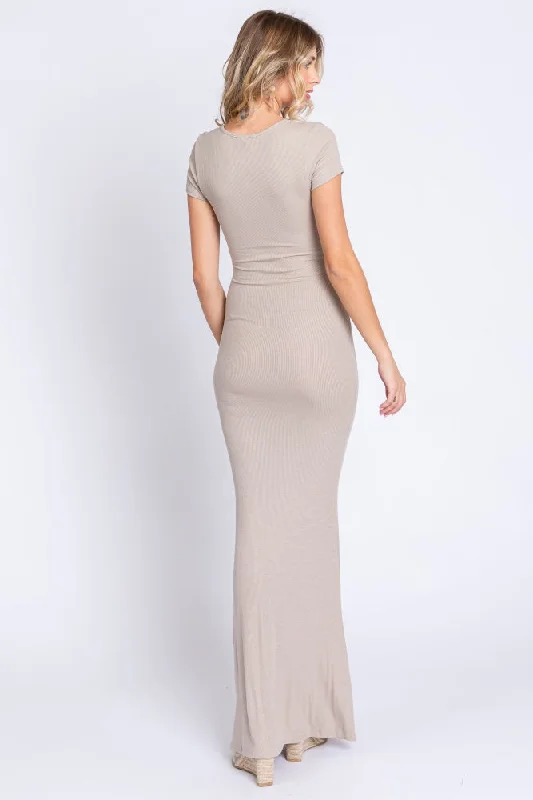 Beige Ribbed Scoop Neck Maxi Dress