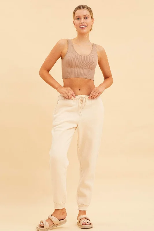 Beige Seamless Tank Top Scoop Neck Rib Crop