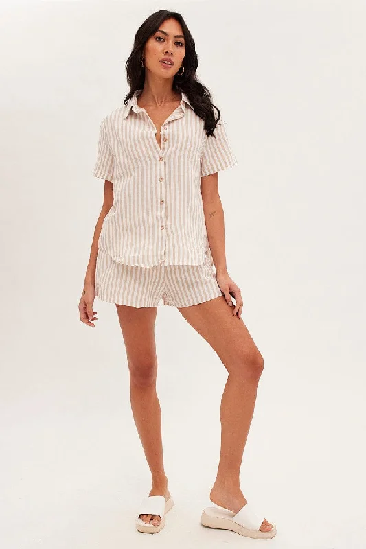 Beige Stripe Oversized Shirt Short Sleeve Collared Button Up