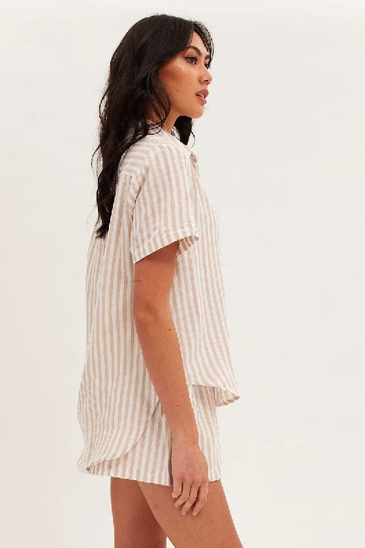 Beige Stripe Oversized Shirt Short Sleeve Collared Button Up