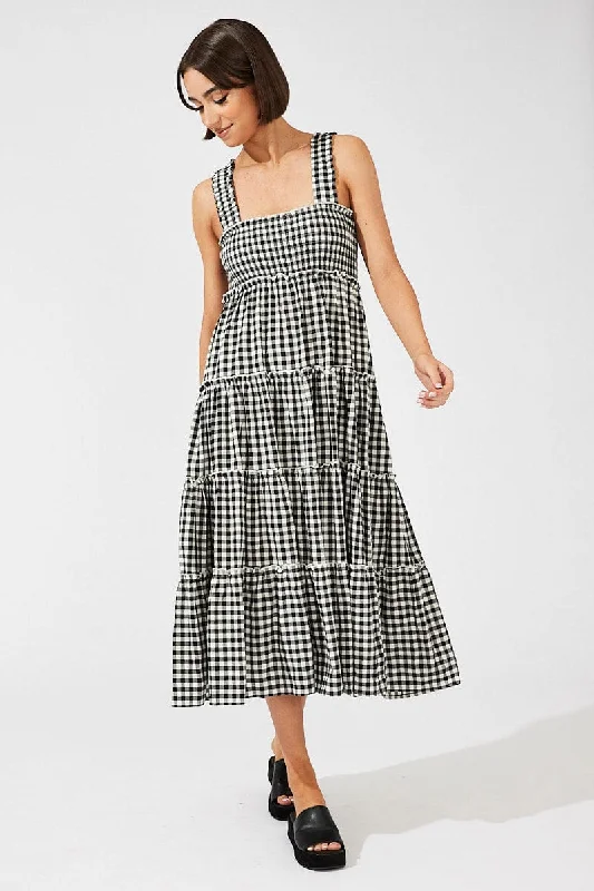 Black Check Maxi Dress Shirred Bust Tiered