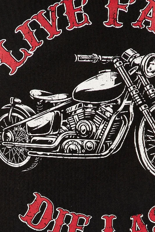 Black Crop T Shirt Short Sleeve Crew Neck Motorcycle