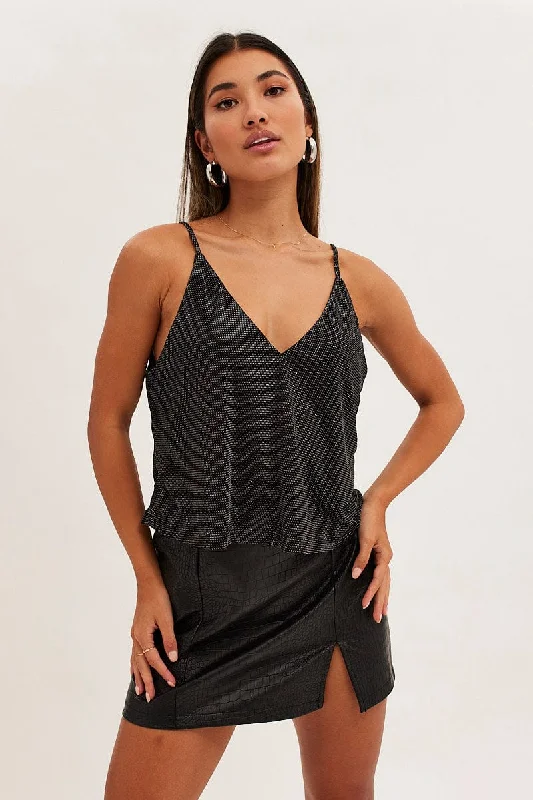 Black Diamonte Jersey V Neck Cami