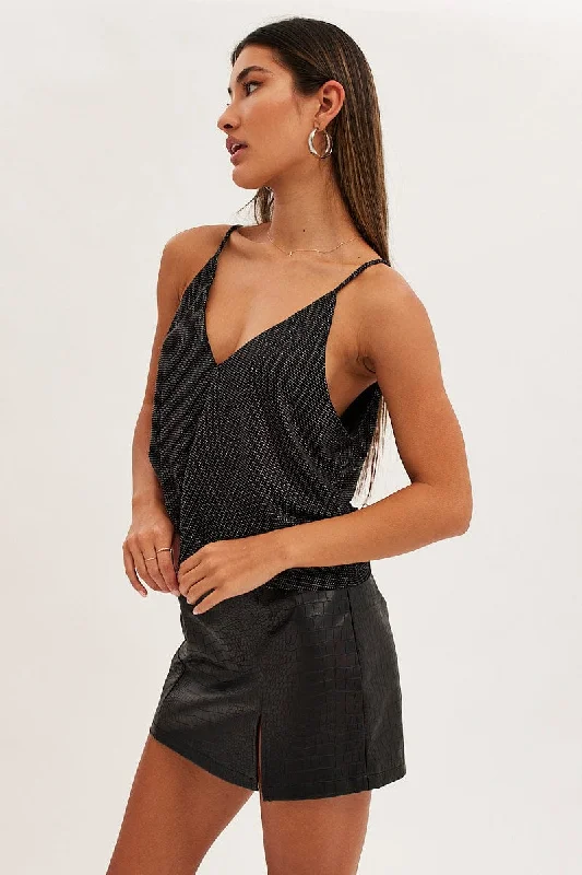 Black Diamonte Jersey V Neck Cami