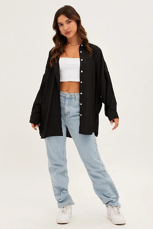 Black Essential Oversized Long Sleeve Collared Shirt