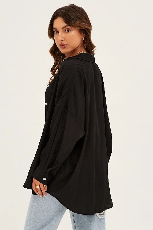 Black Essential Oversized Long Sleeve Collared Shirt