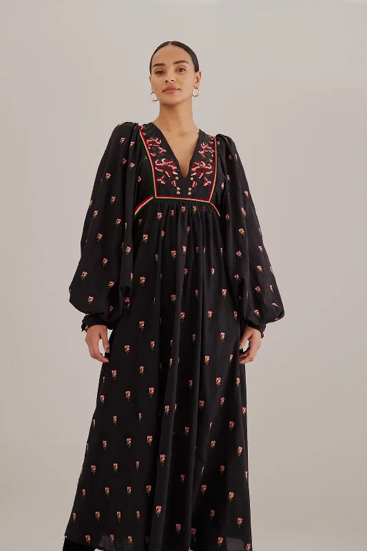 Black Floral Embroidered V Neck Maxi Dress