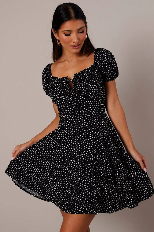 Black Floral Fit And Flare Dress Puff Sleeve Mini