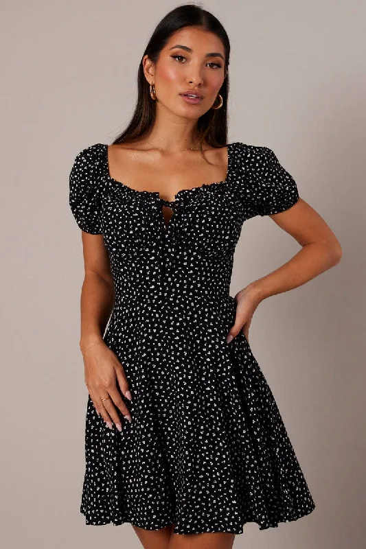 Black Floral Fit And Flare Dress Puff Sleeve Mini