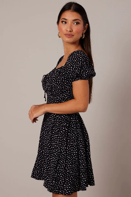 Black Floral Fit And Flare Dress Puff Sleeve Mini