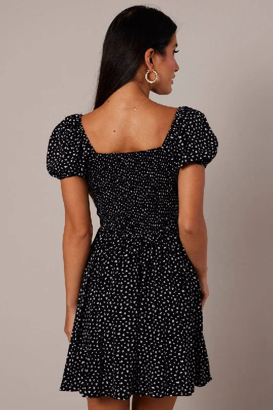 Black Floral Fit And Flare Dress Puff Sleeve Mini