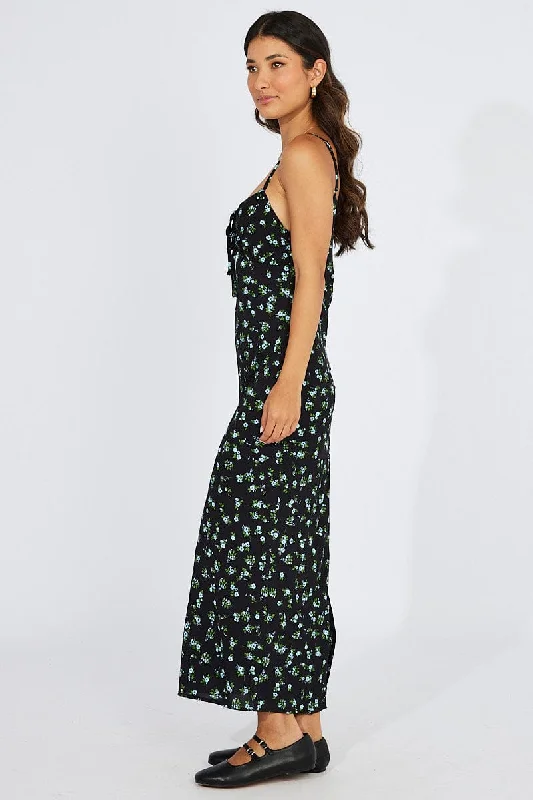 Black Floral Midi Dress Gathered Bust Eyelet Fabric