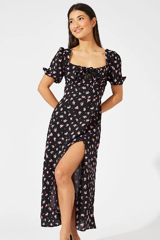 Black Floral Midi Dress Puff Sleeve Midi