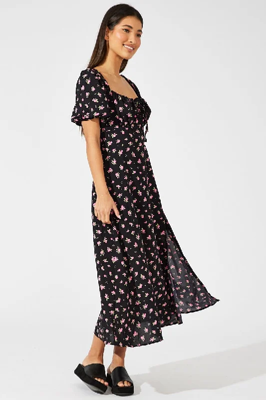 Black Floral Midi Dress Puff Sleeve Midi