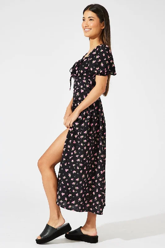 Black Floral Midi Dress Puff Sleeve Midi