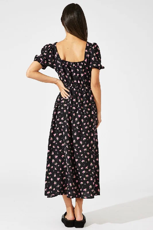 Black Floral Midi Dress Puff Sleeve Midi