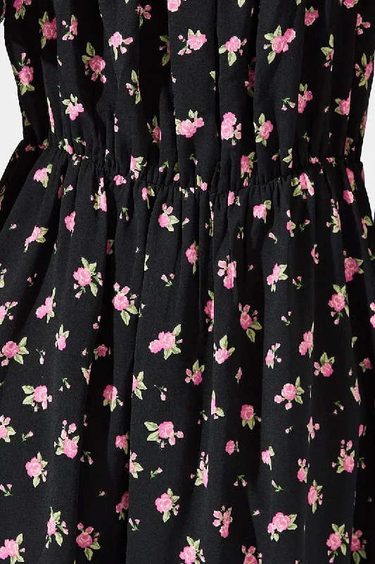 Black Floral Midi Dress Puff Sleeve Midi