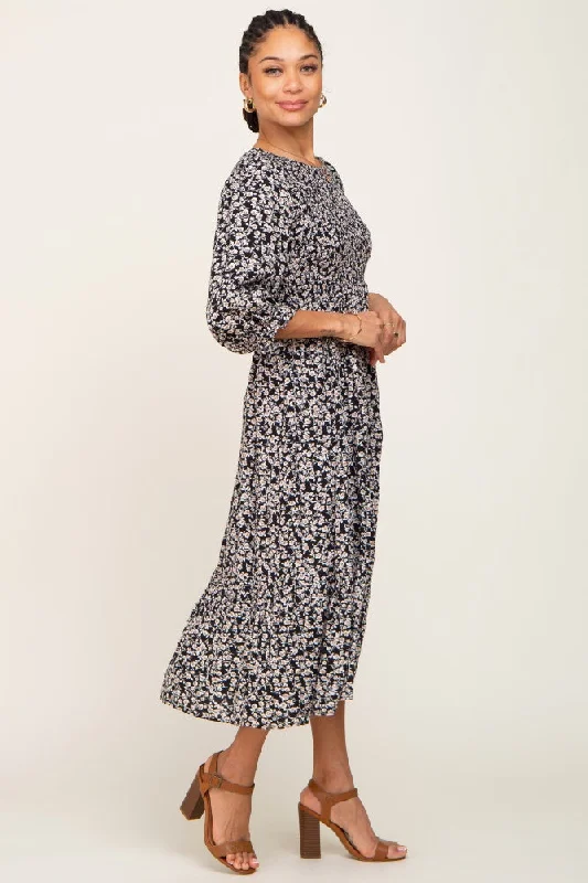 Black Floral Smocked 3/4 Sleeve Midi Dress