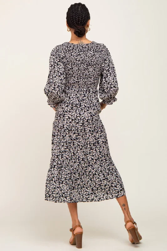 Black Floral Smocked 3/4 Sleeve Midi Dress