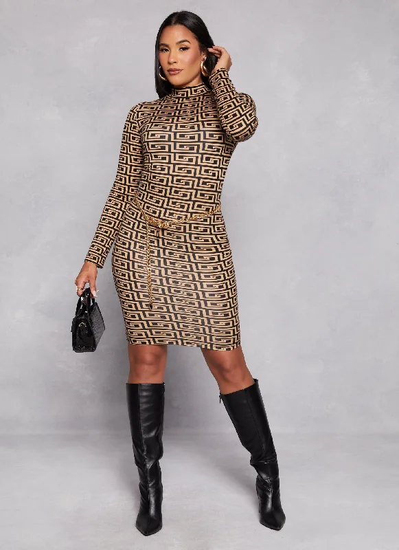 Greek Key Printed Mock Neck Midi Dress