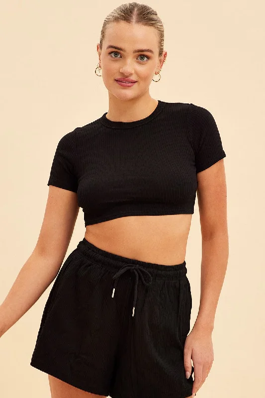 Black Prea Rib Crew Neck Short Sleeve Crop Baby T-Shirt