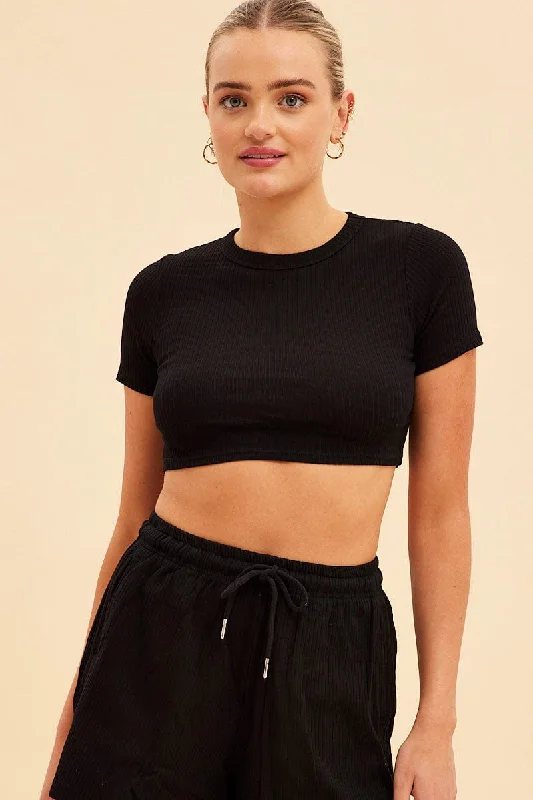 Black Prea Rib Crew Neck Short Sleeve Crop Baby T-Shirt