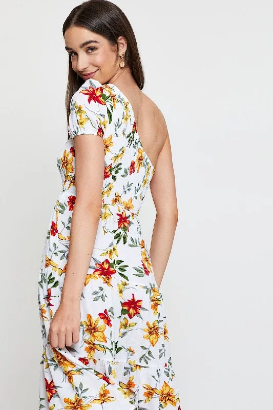 Black Print Midi Dress One Shoulder Short Sleeve