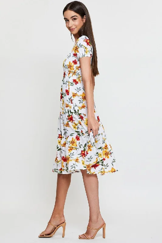 Black Print Midi Dress One Shoulder Short Sleeve