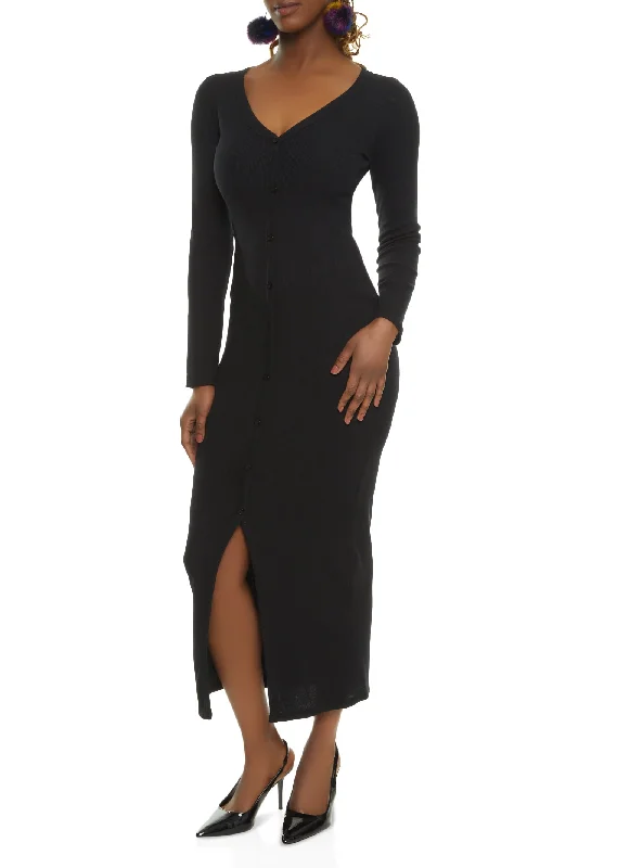 Ribbed Faux Button Front Maxi Dress