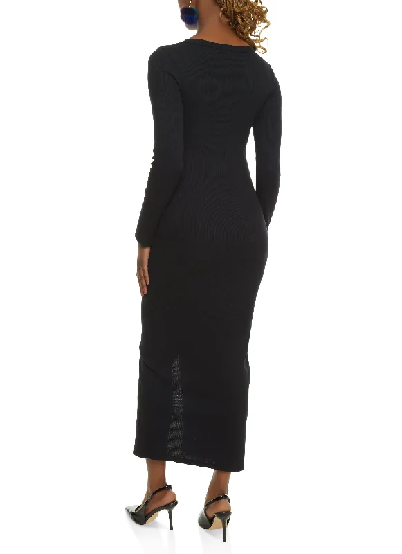 Ribbed Faux Button Front Maxi Dress