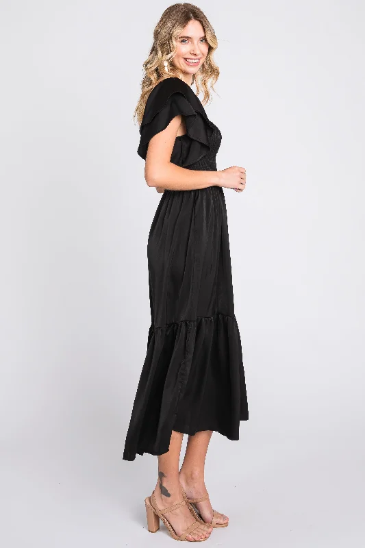 Black Satin Flutter Sleeve Midi Dress