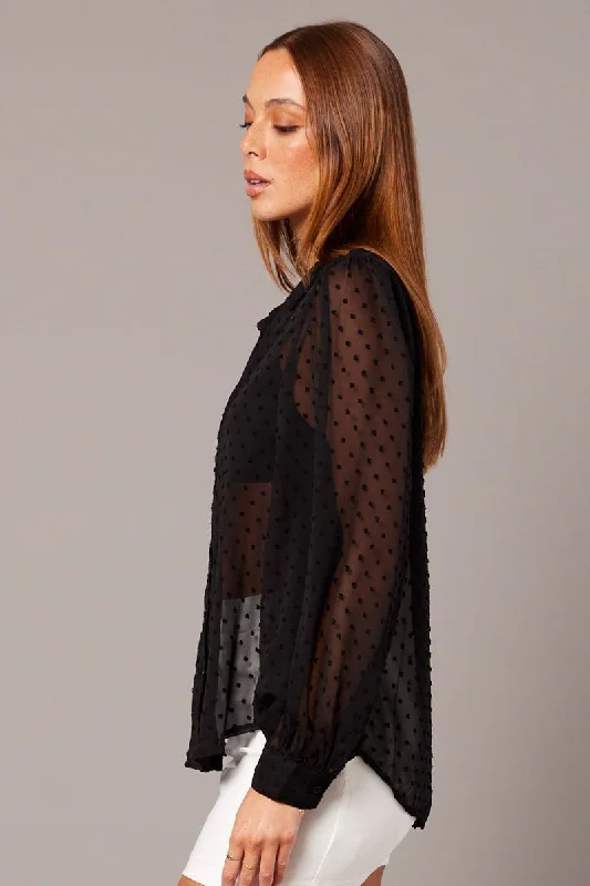 Black Shirt Long Sleeve Self Dot