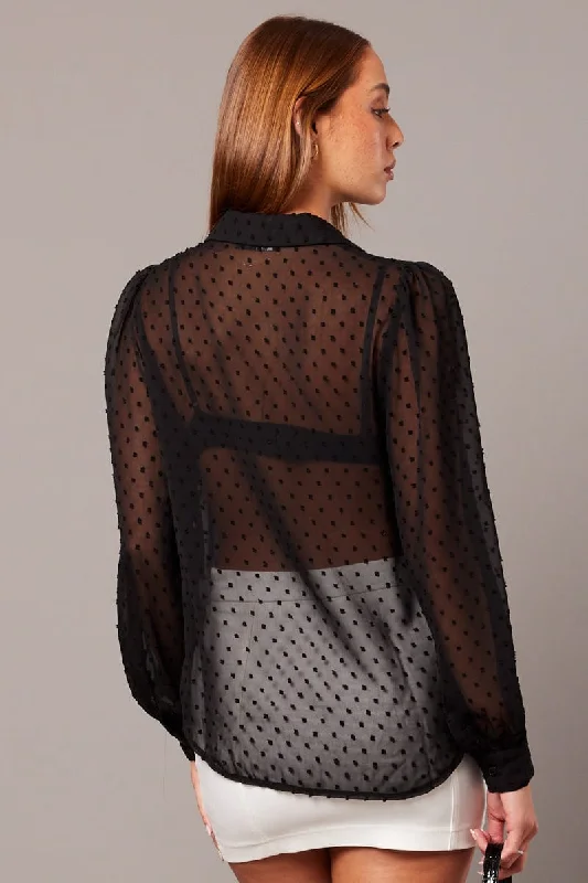 Black Shirt Long Sleeve Self Dot